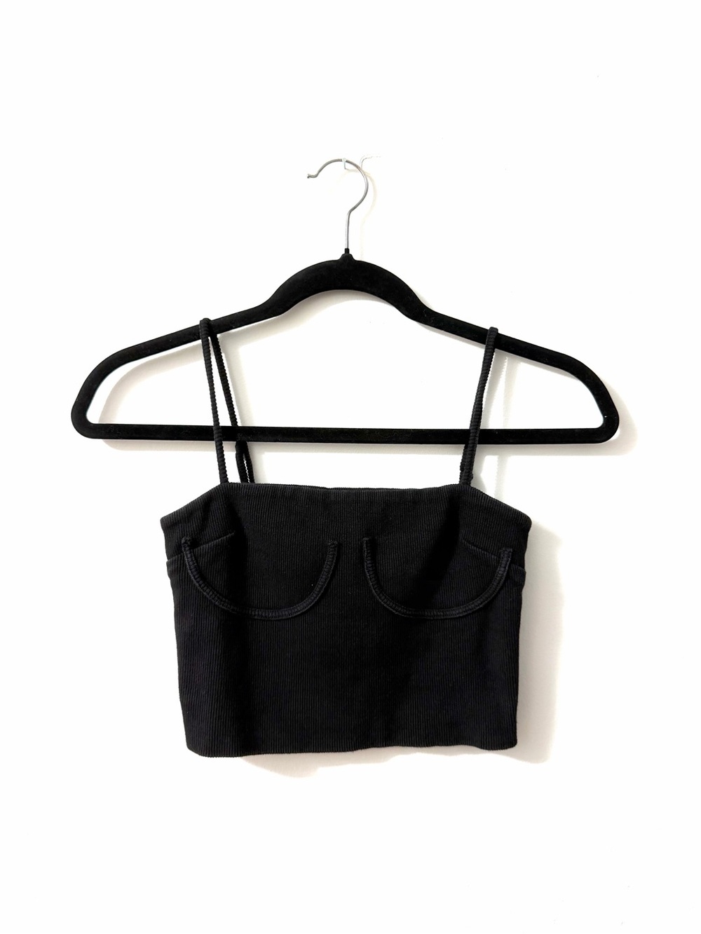 Black Ribbed Bustier Crop Top with Spaghetti Straps